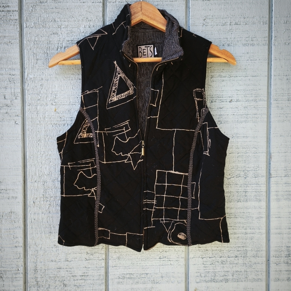 Bets by Canvasbacks Art to Wear Full Zip Vest sz XS Tan Black Lagenlook Coastal